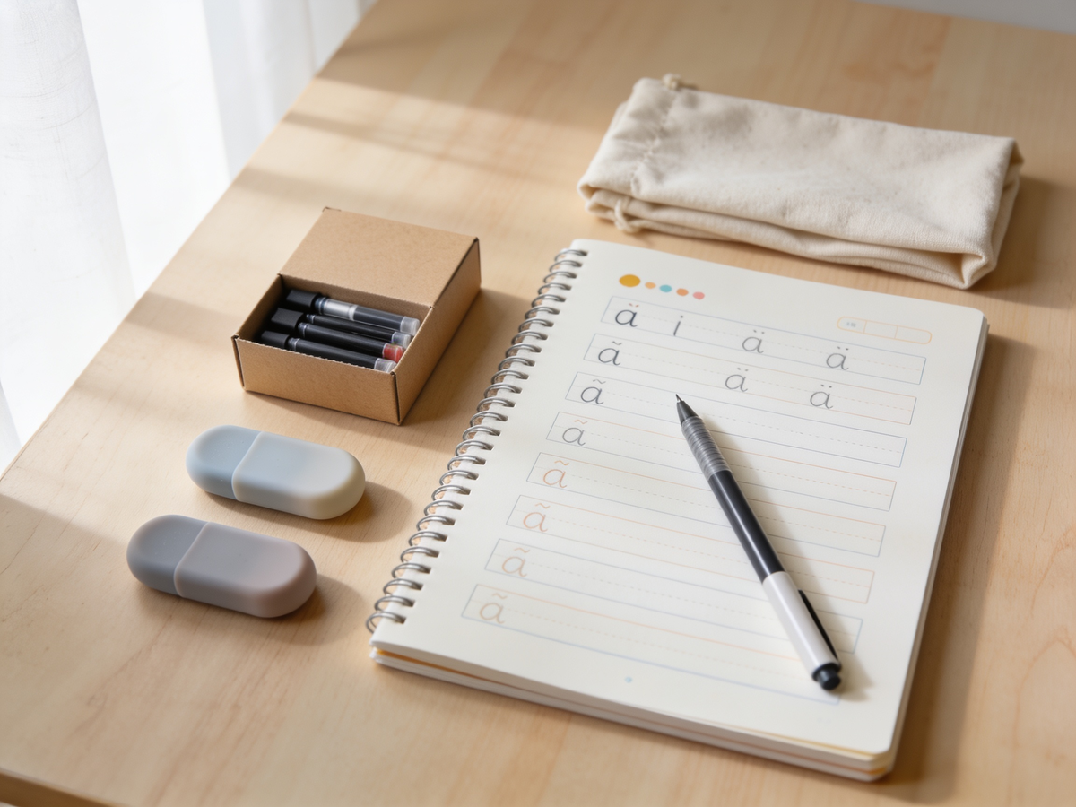 Kit d'écriture BIBOU vu de dessus sur un bureau