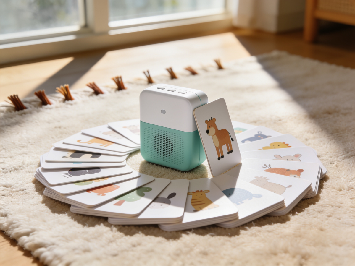 Le lecteur posé sur un tapis avec ses cartes