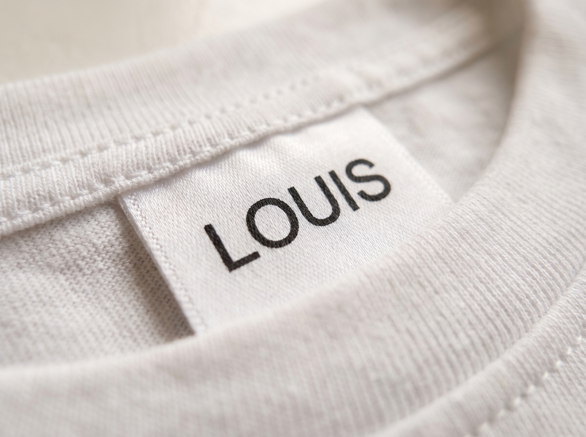 Prénom imprimé en encre noire sur l'étiquette d'un t-shirt blanc