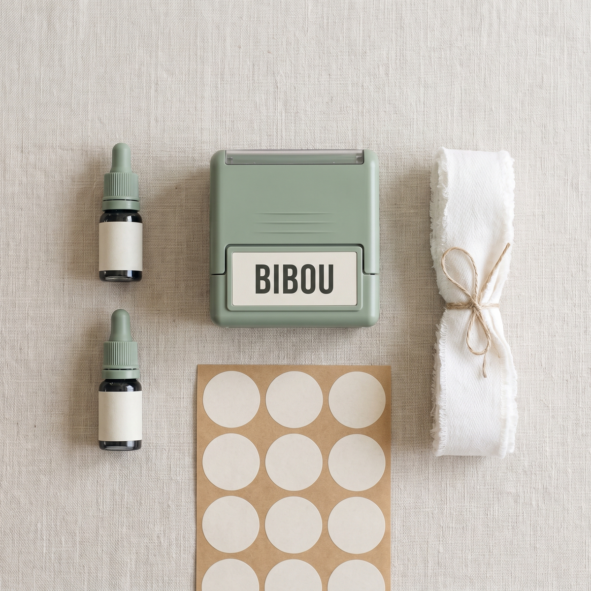 Kit complet BIBOU : tampon, recharges d'encre, autocollants et ruban